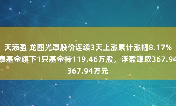 天添盈 龙图光罩股价连续3天上涨累计涨幅8.17%，国泰基金旗下1只基金持119.46万股，浮盈赚取367.94万元